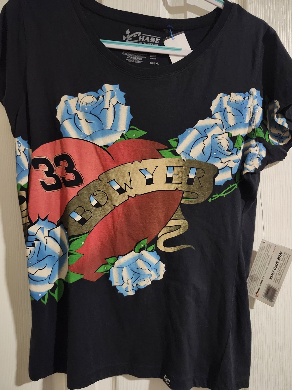 Nascar BOWYER Women’s Black Graphic Heart Tee with Blue Roses